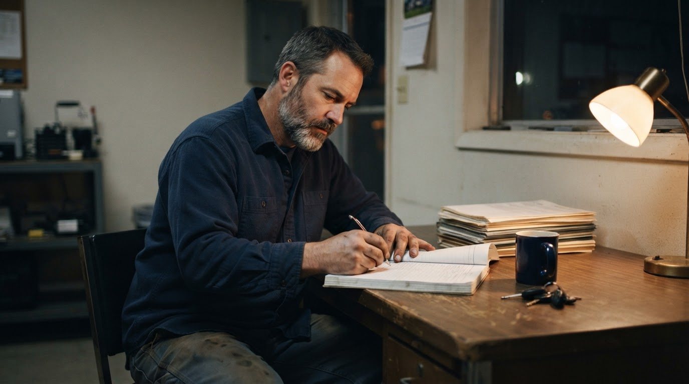 A driver at a lamplit desk filling in a paper logbook late in the shift, a squared stack of filings beside him, a half-full