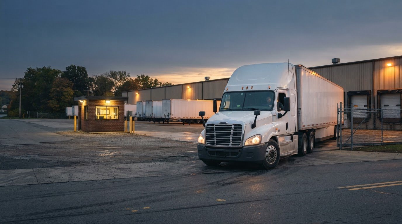 A clean, well-kept unmarked white tractor-trailer pulling out of a terminal gate at first light, trailer doors closed