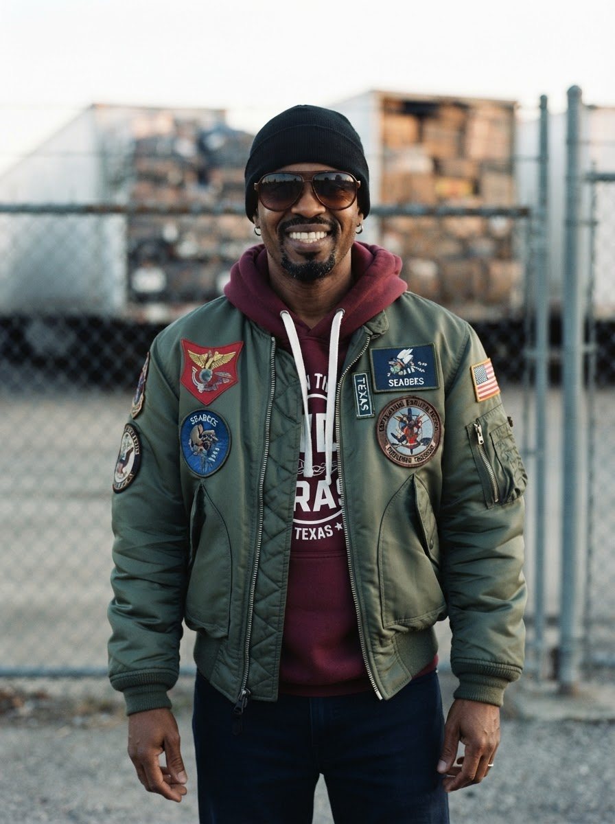 The exact person from photo 0, unchanged: same face, same warm broad smile, black beanie, aviator sunglasses, maroon hoodie